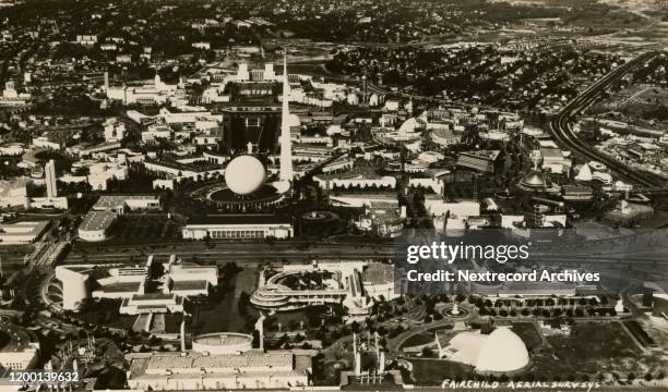 Vintage souvenir photo postcard published 1939 depicts an aerial view of the 1939 World's Fair, Flushing Meadows Corona Park, Queens, New York City....