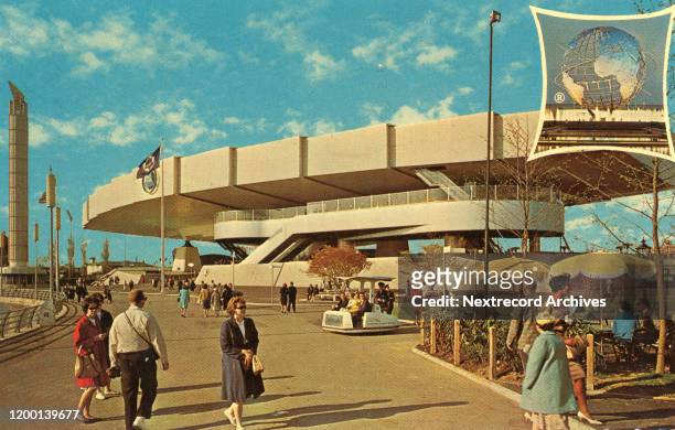 Vintage souvenir photo postcard of the 1964 World's Fair, Flushing Meadows Corona Park, Queens, New York City. The Bell Telephone Pavilion with...