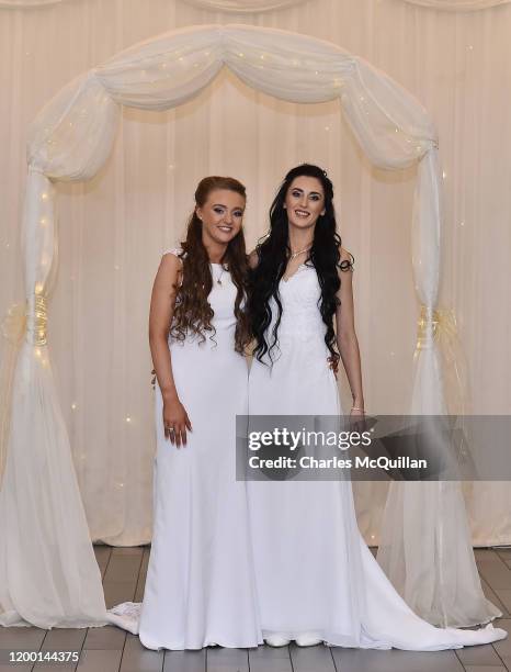 Robyn Peoples and Sharni Edwards pose after they became Northern Irelands first legally married same sex couple on February 11, 2020 in...