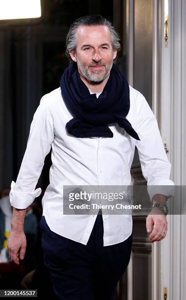 French designer Pierre Maheo acknowledges the audience at the end of the Officine Generale Menswear Fall/Winter 2020-2021 show as part of Paris...