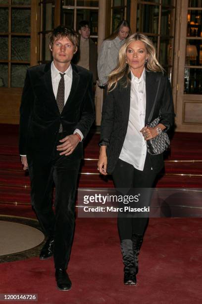 Supermodel Kate Moss and Nikolai Von Bismarck are seen leaving the Ritz hotel on January 17, 2020 in Paris, France.