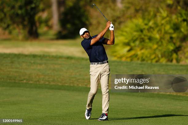 Former NBA player Grant Hill plays his second shot on the fourth hole during the second round of the Diamond Resorts Tournament of Champions at...