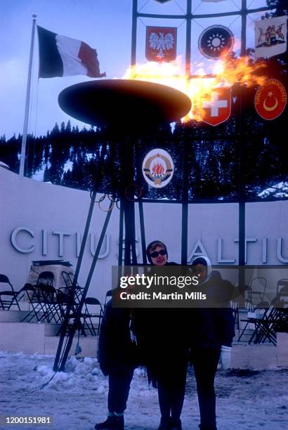 American comedienne, actress, singer and businesswoman Edie Adams poses with step-daughters Kippie and Elizabeth Kovacs under the Olympic Cauldron...