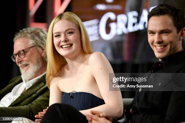 Tony McNamara, Elle Fanning, and Nicholas Hoult of "The Great" speak during the Hulu segment of the 2020 Winter TCA Press Tour at The Langham...