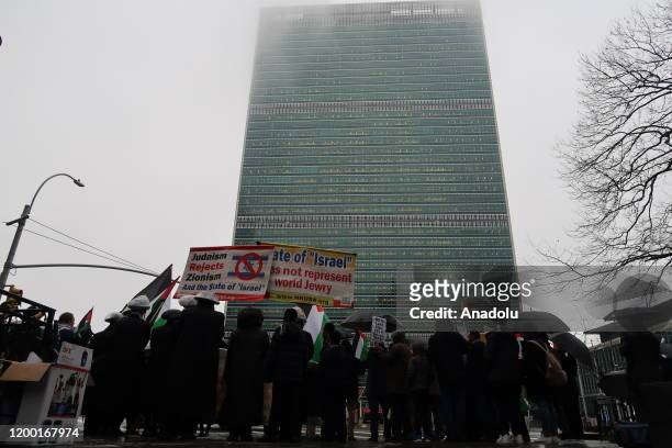Group of protesters gather in front of United Nations headquarters to protest against U.S. President Donald Trump's Middle East plan as Palestinian...