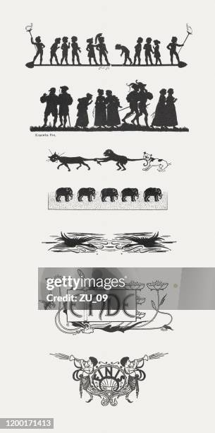 nostalgic paper cuts, wood engravings, published 1899 - cats and dogs background stock illustrations