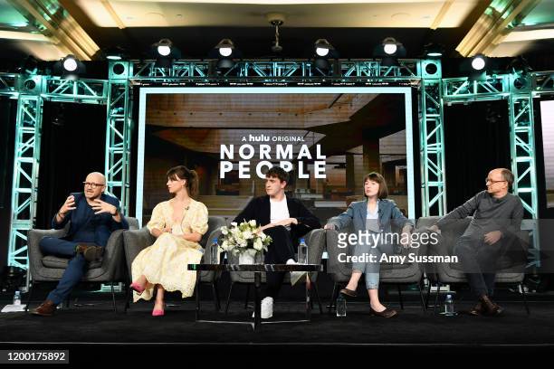 Lenny Abrahamson, Daisy Edgar-Jones, Paul Mescal, Sally Rooney, and Ed Guiney of "Normal People" speak during the Hulu segment of the 2020 Winter TCA...