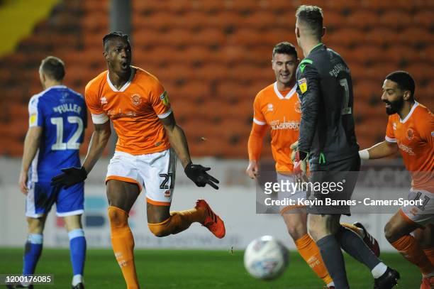 Blackpool's Armand Gnanduillet celebrates scoring the opening goal during the Sky Bet League One match between Blackpool and Gillingham at Bloomfield...