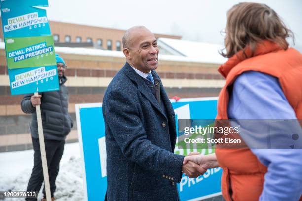 Democratic presidential candidate former Massachusetts Governor Deval Patrick greets voters at the Broken Ground School during the presidential...