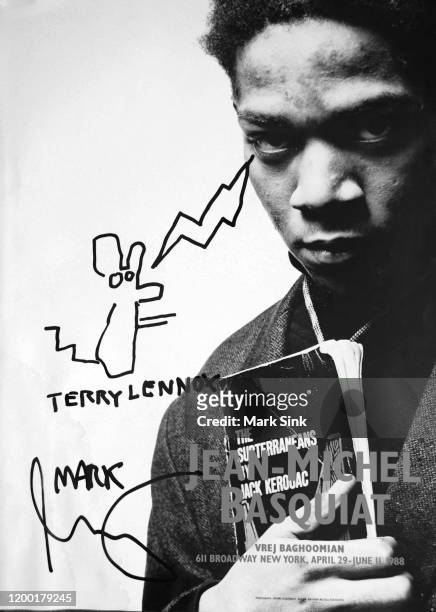 Jean-Michel Basquiat exhibition poster with his personal drawing over it at the Vreg Baghoomian Gallery, September 5, 1988 in New York, New York.