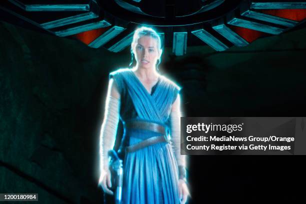 Hologram of Rey greets resistance fighters during Rise of the Resistance at Star Wars: Galaxy"u2019s Edge inside Disneyland in Anaheim, CA, on...