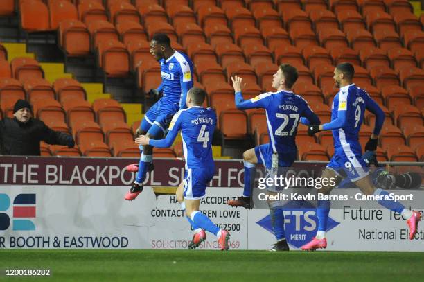 Gillingham's Brandon Hanlan celebrates scoring his side's third goal during the Sky Bet League One match between Blackpool and Gillingham at...