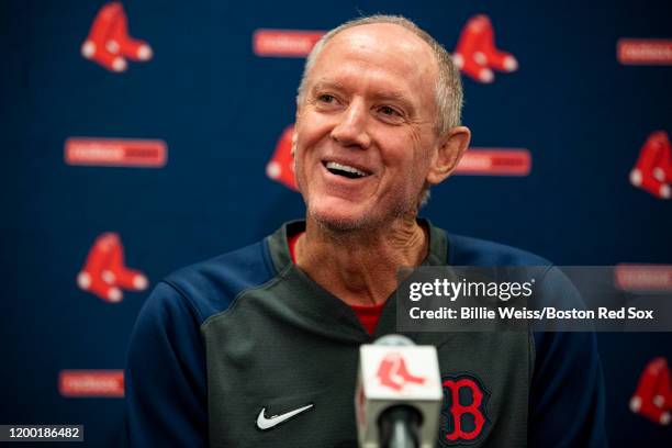 Ron Roenicke of the Boston Red Sox speaks to the media during a press conference as he is announced as the Boston Red Sox Interim Manager on February...