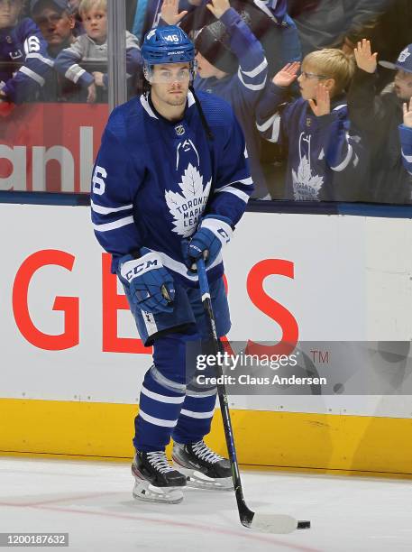Pontus Aberg of the Toronto Maple Leafs warms up prior to action against the Arizona Coyotes in an NHL game at Scotiabank Arena on February 11, 2020...