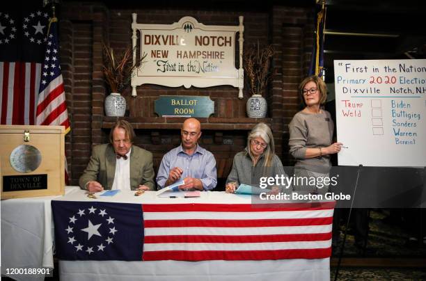 Dixville Notch residents Tom Tillotson, Joe Casey, Debra Tillotson, and Colebrook resident Coralie Stepanian count up the votes while participating...