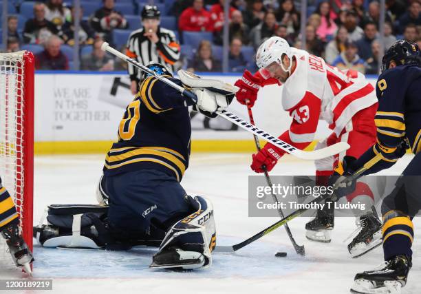 Darren Helm of the Detroit Red Wings shoots and scores a goal on Carter Hutton of the Buffalo Sabres during the first period at KeyBank Center on...