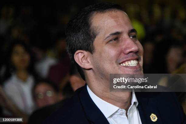 Opposition leader and reelected president of the National Assembly by anti-Maduro lawmakers majority Juan Guaido smiles during a rally at Bolivar...