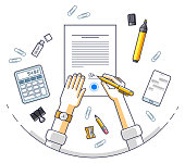 Businessman signs contract official paper document with seal, boss signs a order or directive, approve disposal, CEO manager chief, top view of desk with man hands. Vector illustration.