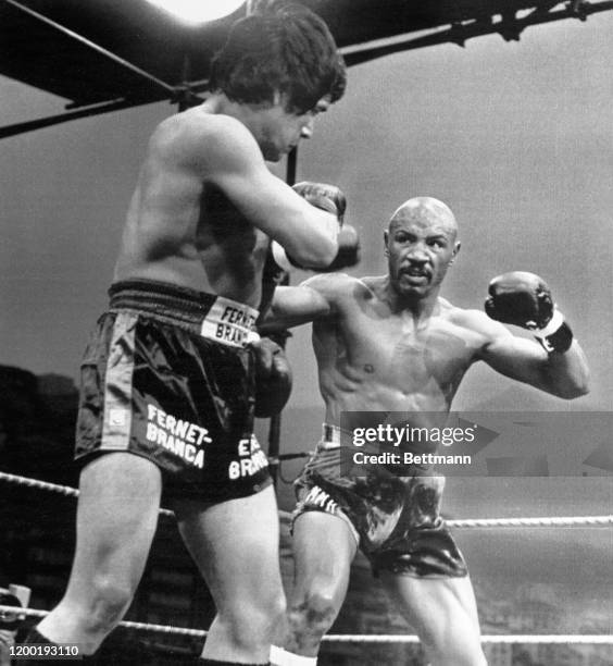 Middleweight Marvin Hagler of the U.S. Observes Norbert Cabrera of Argentina early in the 1st round of their bout in Monaco. Hagler won by...