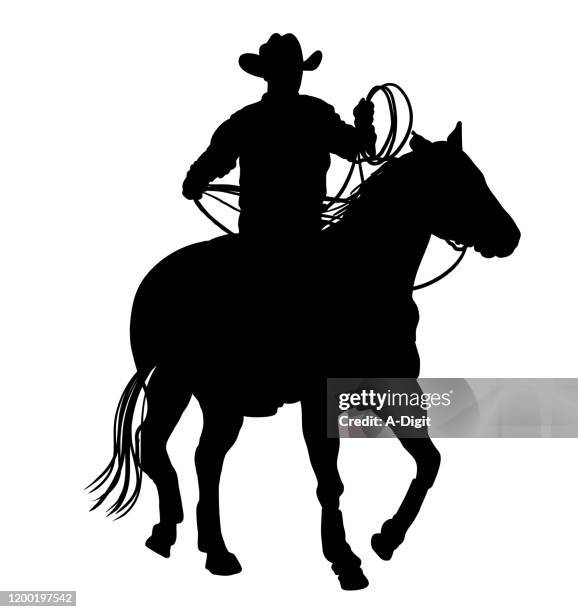 illustrations, cliparts, dessins animés et icônes de silhouette d'action de cowboy - ranch