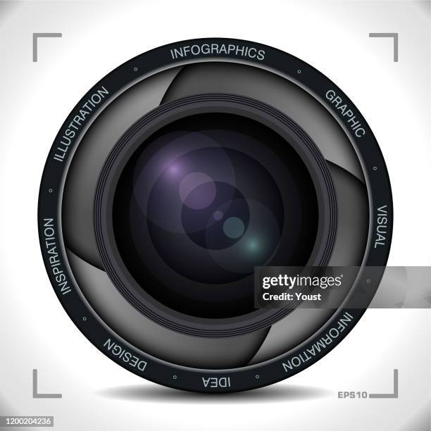 illustrazioni stock, clip art, cartoni animati e icone di tendenza di infografiche nello stile dell'obiettivo della fotocamera - film infographic