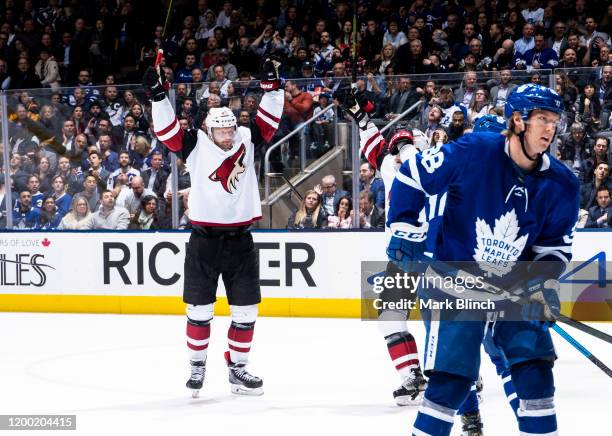 Carl Soderberg of the Arizona Coyotes celebrates his goal against the Toronto Maple Leafs during the second period at the Scotiabank Arena on...