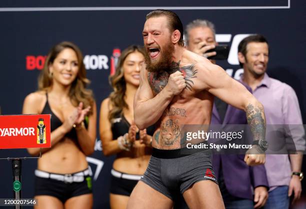 Welterweight fighter Conor McGregor calls out during a ceremonial weigh-in for UFC 246 at Park Theater at Park MGM on January 17, 2020 in Las Vegas,...