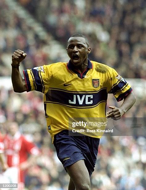 Patrick Vieira of Arsenal celebrates his goal against Middlesbrough in the FA Carling Premiership match at the Riverside Stadium in Middlesbrough,...