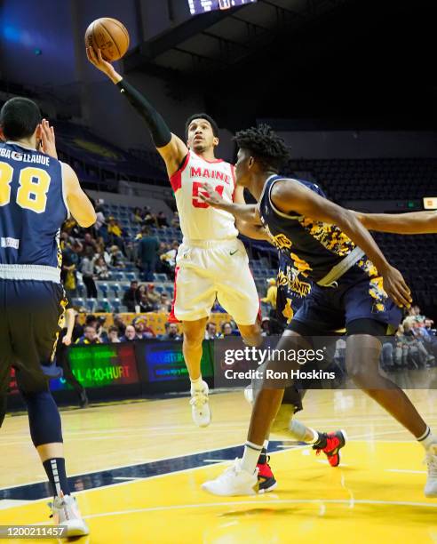 Goga Bitadze and Alize Johnson of the Fort Wayne Mad Ants defend Tremont Waters of the Maine Red Claws on February 11, 2020 at Memorial Coliseum in...