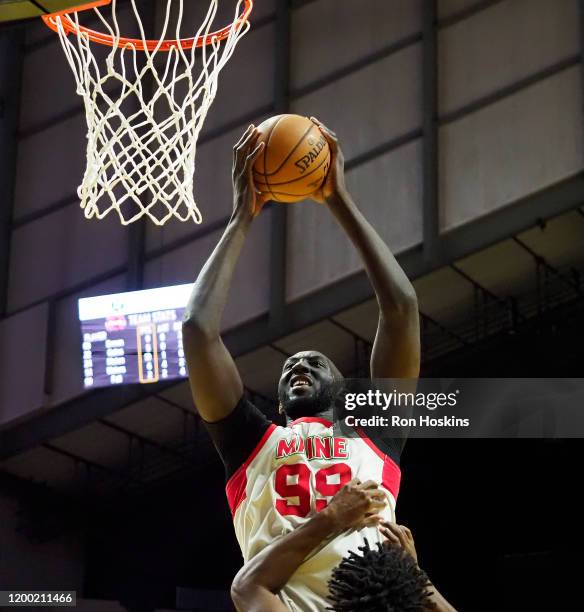 Tacko Fall of the Maine Red Claws rebounds against the Fort Wayne Mad Ants on February 11, 2020 at Memorial Coliseum in Fort Wayne, Indiana. NOTE TO...