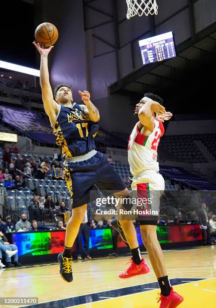 Stephan Hicks of the Fort Wayne Mad Ants shoots over Kaiser Gates of the Maine Red Claws on February 11, 2020 at Memorial Coliseum in Fort Wayne,...