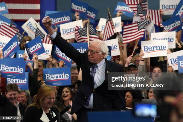 Democratic presidential hopeful Vermont Senator Bernie Sanders arrives to speak at a Primary Night event at the SNHU Field House in Manchester, New...