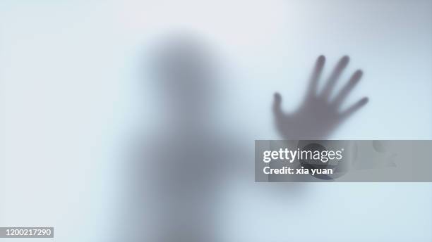 hand shadow of woman on glass - verre dépoli photos et images de collection