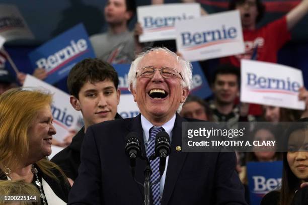 Democratic presidential hopeful Vermont Senator Bernie Sanders speaks at a Primary Night event at the SNHU Field House in Manchester, New Hampshire...