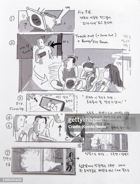 Photo taken Feb. 10 in Seoul shows a storyboard from Oscar-winning film "Parasite."