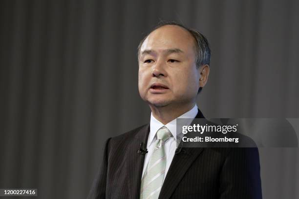 Masayoshi Son, chairman and chief executive officer of SoftBank Group Corp., speaks during a news conference in Tokyo, Japan, on Wednesday, Feb. 12,...