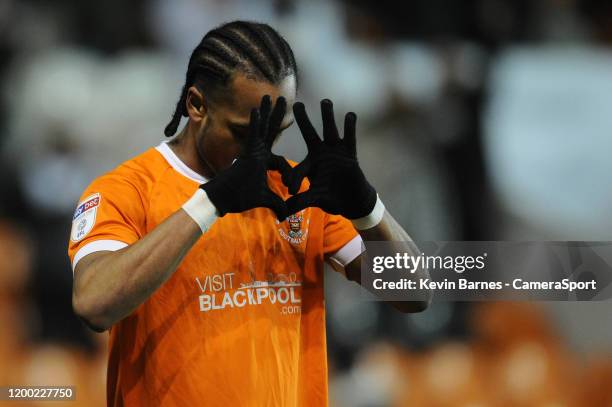 Blackpool's Nathan Delfouneso celebrates scoring his side's second goal during the Sky Bet League One match between Blackpool and Gillingham at...