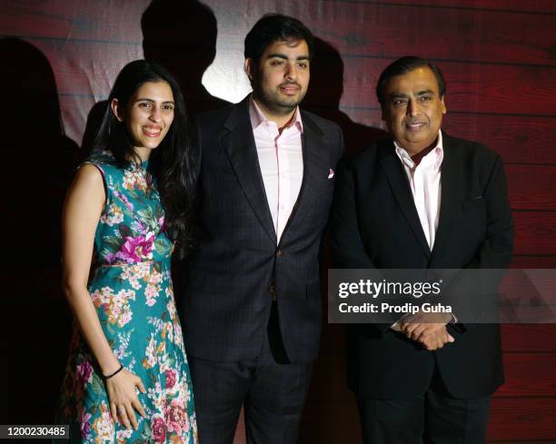 Shloka Mehta, Akash Ambani and Mukesh Ambani attend the Javed Akhtar's 75th birthday celebration on January 17, 2020 in Mumbai, India..(Photo by...