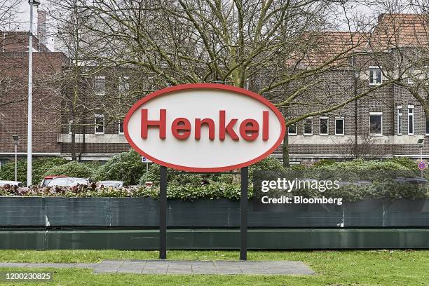 Henkel AG logo sits on display outside the company's headquarters in Duesseldorf, Germany, on Thursday, Feb. 6, 2020. Henkel report earnings on March...