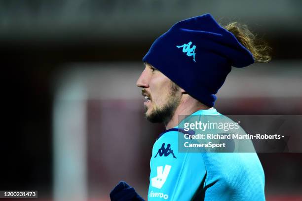 Leeds United's Luke Ayling warms up during the Sky Bet Championship match between Brentford and Leeds United at Griffin Park on February 11, 2020 in...