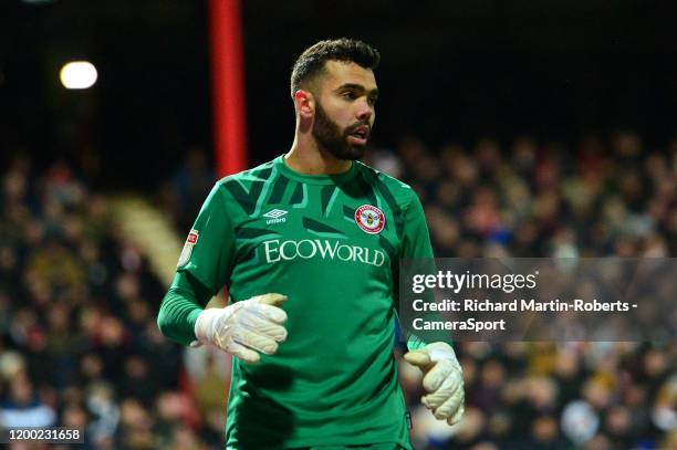 Brentford's David Raya in action during the Sky Bet Championship match between Brentford and Leeds United at Griffin Park on February 11, 2020 in...