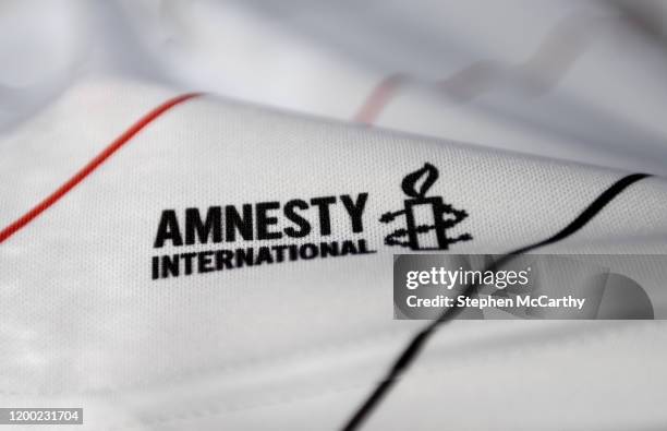 Dublin , Ireland - 12 February 2020; A detailed view of the Amnesty International logo during the launch of the Bohemians FC 2020 away jersey at...