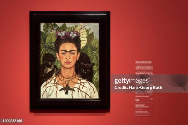 View in the exhibition with artwork of Frida Kahlo, Self-Portrait with Thorn Necklace and Hummingbird, seen at the press preview of the exhibition...