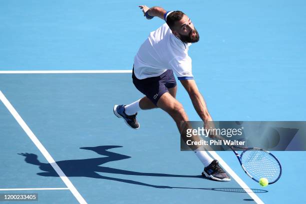 Benoit Paire of France plays a backhand against Ugo Humbert of France in the mens singles final during day eight of the 2020 ASB Classic at the ASB...