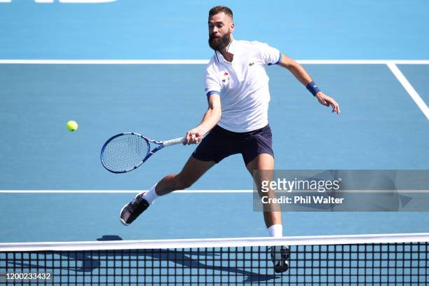 Benoit Paire of France plays a forehand against Ugo Humbert of France in the mens singles final during day eight of the 2020 ASB Classic at the ASB...