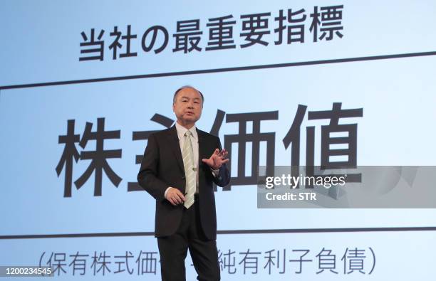 Softbank Group CEO Masayoshi Son attends a press conference to announce the company's financial results for the nine months to December 2019, in...