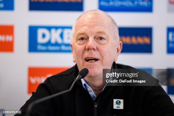 President of IBU Olle Dahlin of Sweden at a press conference during a training session for the IBU World Championships Biathlon Antholz-Anterselva on...