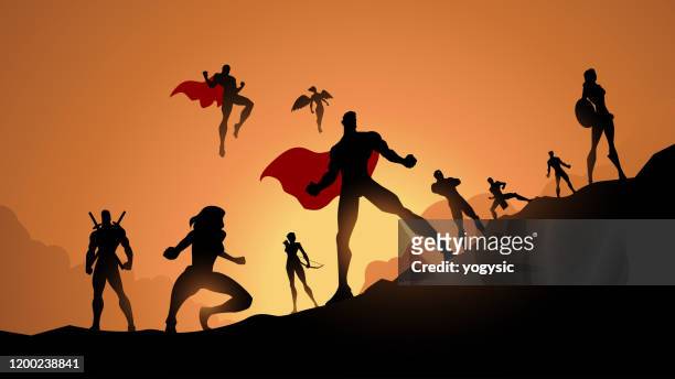 illustrations, cliparts, dessins animés et icônes de illustration de silhouette d'équipe de super-héros de vecteur - vue en contre plongée
