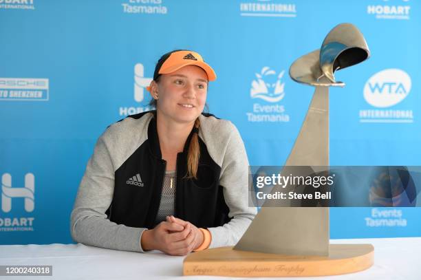 Elena Rybakina of Kazakhstan chats to media at press conference after winning her final singles match against Zhang Shuai of China during day eight...