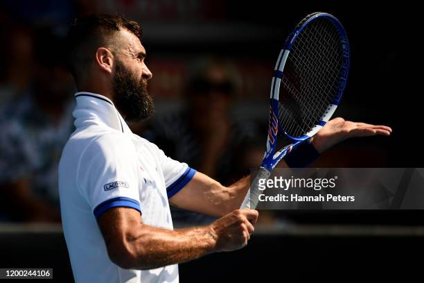 Benoit Paire of France argues with the umpire during the Men's final singles match against Ugo Humbert of France at ASB Tennis Centre on January 18,...